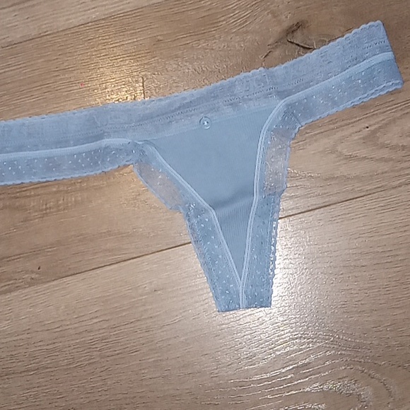 Victoria Secret-Periwinkle Blue Polk-a-Dot Lace/Logo Waist Thong-Small - Picture 2 of 7